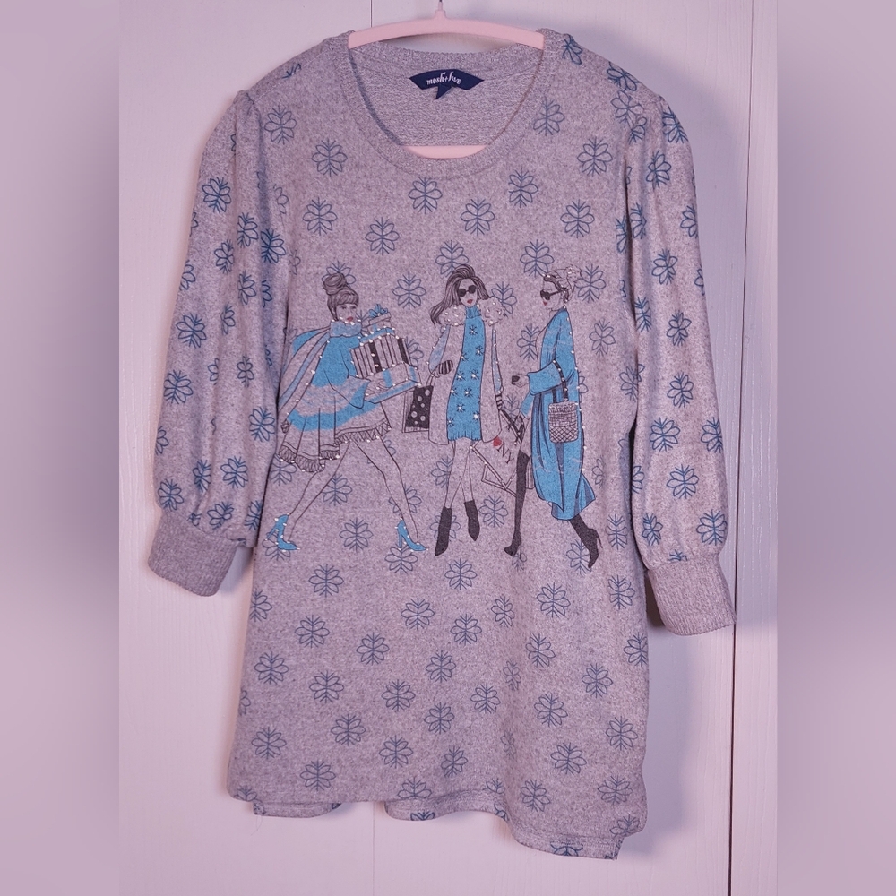 Fleece Grey  Graphic Pullover Sweatshirt Top Size Medium Puff Sleeves Sparkly